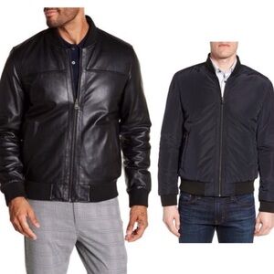 Cole Haan Reversible Leather Bomber Jacket Blk/Nvy